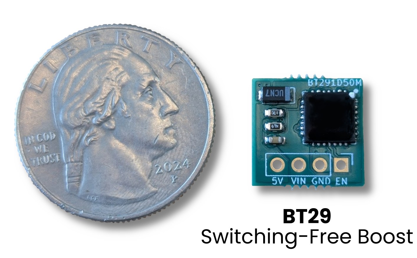 A complete BT29 boost evaluation board next to a US quarter — the board is smaller than the coin, carrying the QFN regulator and four small passives.