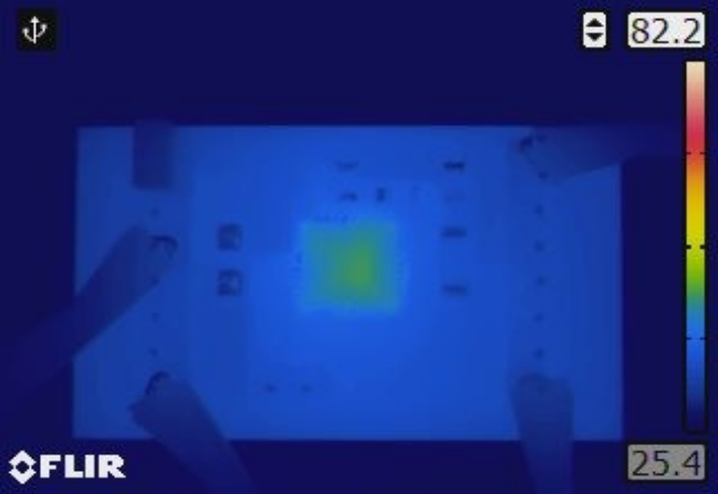 Thermal camera image of a Polaris Enhanced Linear Regulator board doing the same 10 V to 3.3 V, 180 mA job: the board stays cool blue, the regulator a faint green at 48.7 °C.