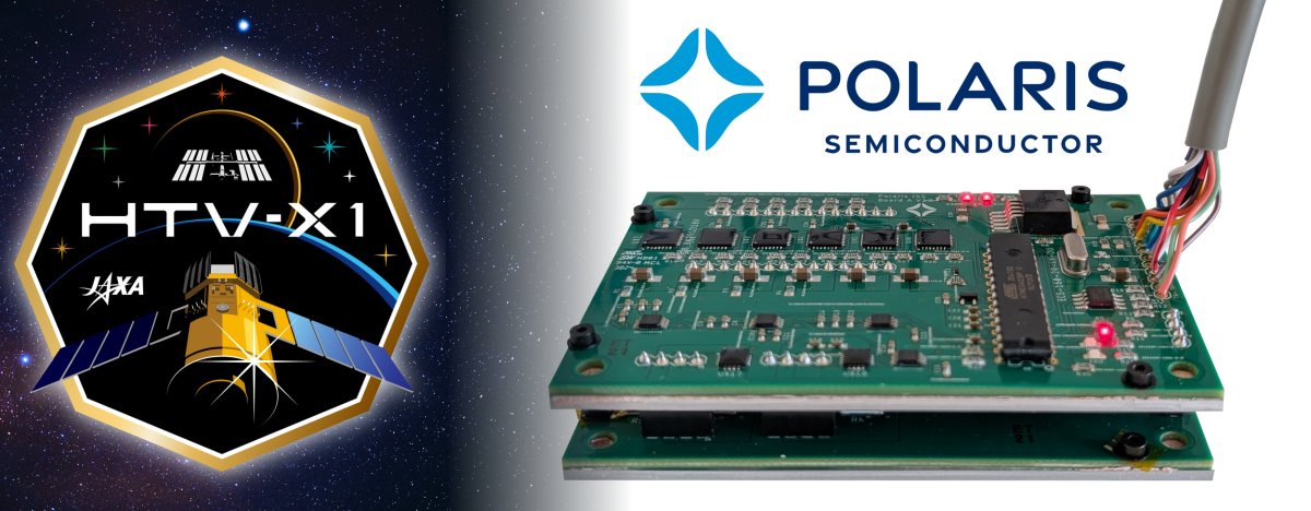 Banner combining the JAXA HTV-X1 mission patch, the Polaris Semiconductor logo, and a close-up photo of two stacked green flight circuit boards connected by a ribbon wiring harness.