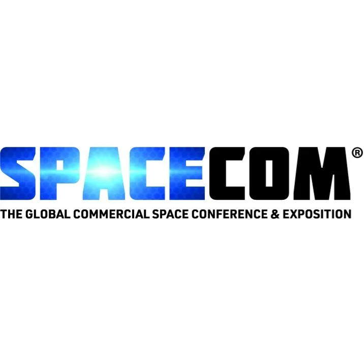 SpaceCom logo with the tagline 'The Global Commercial Space Conference & Exposition' in blue and black lettering on a white background.