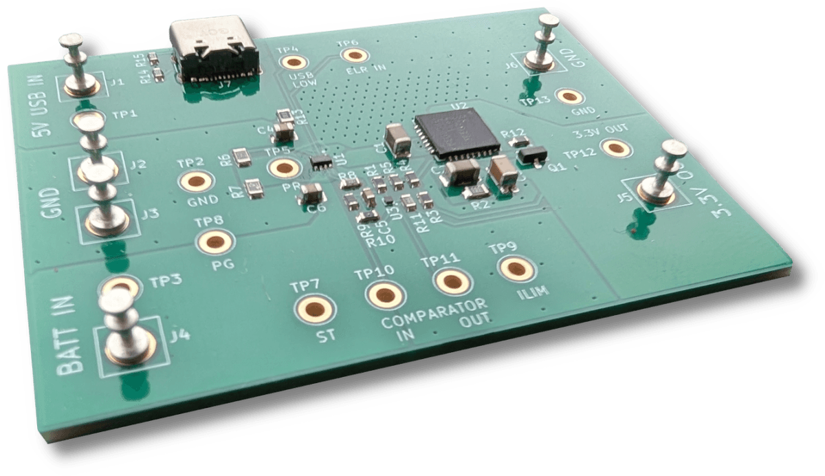 Rendering of a green evaluation board with a USB-C connector, labeled test points including BATT IN, 5V USB IN, and COMPARATOR IN and OUT, and a central regulator IC.