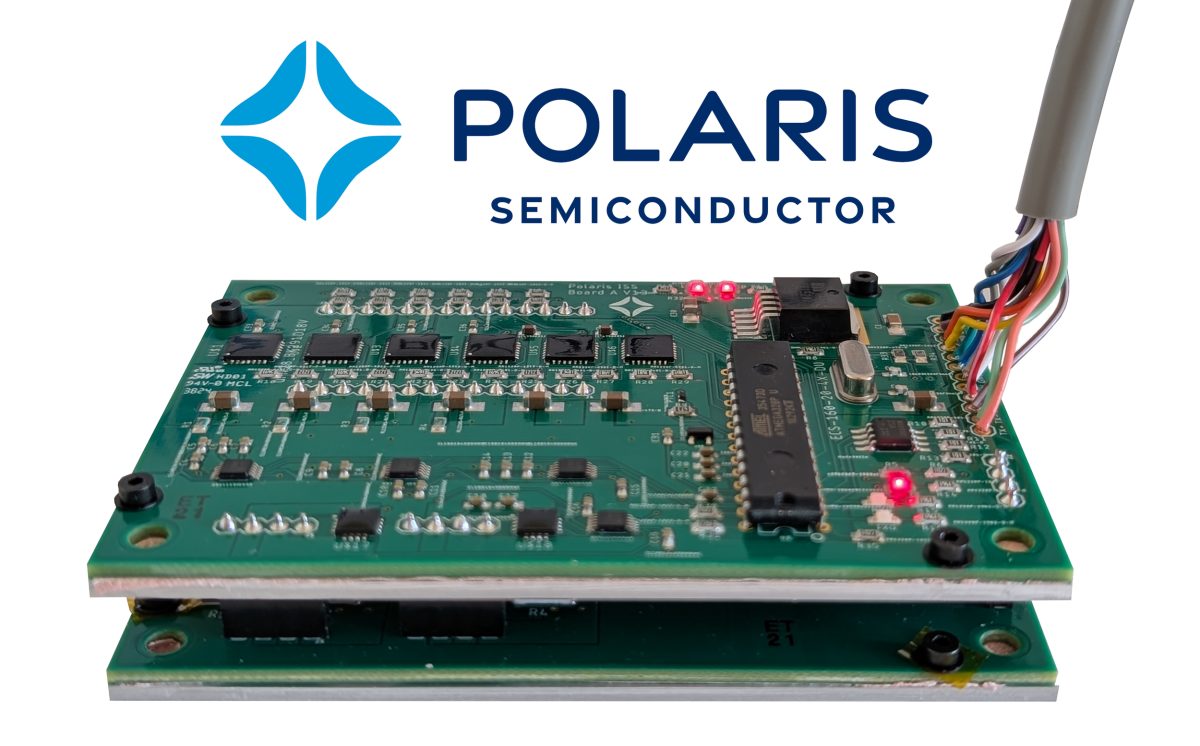 Two stacked green printed circuit boards populated with ICs, an LED indicator, and a multi-colored ribbon-cable harness, beneath the Polaris Semiconductor logo on a white background